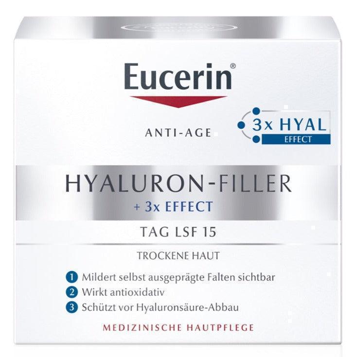 Eucerin Hyaluron-Filler Day Cream for Dry Skin SPF15 is formulated with Hyaluronic acid: Long-chain hyaluronic acid acts at the origin of fine wrinkles in the upper epidermal layers of the skin and&nbsp;40x smaller* short-chain hyaluronic acid penetrates deeper into the epidermal skin layers where deeper wrinkles form.