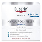 Eucerin Hyaluron-Filler Day Cream for Dry Skin SPF15 is formulated with Hyaluronic acid: Long-chain hyaluronic acid acts at the origin of fine wrinkles in the upper epidermal layers of the skin and&nbsp;40x smaller* short-chain hyaluronic acid penetrates deeper into the epidermal skin layers where deeper wrinkles form.