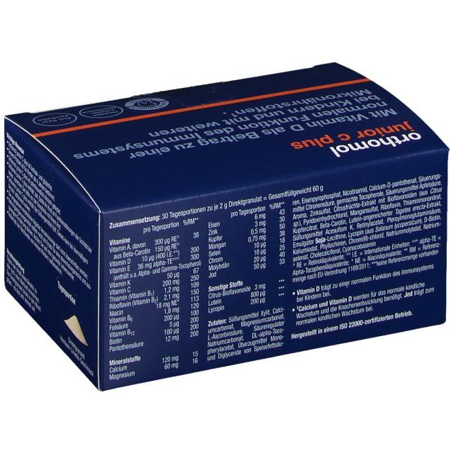 New packaging design - Orthomol Junior Vitamin C Plus Direct Sachets Raspberry Lime nutrients