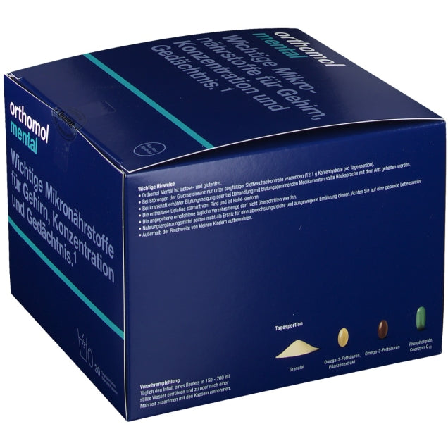 Side of the package showing the consumption recommendation and the different capsules and granulate