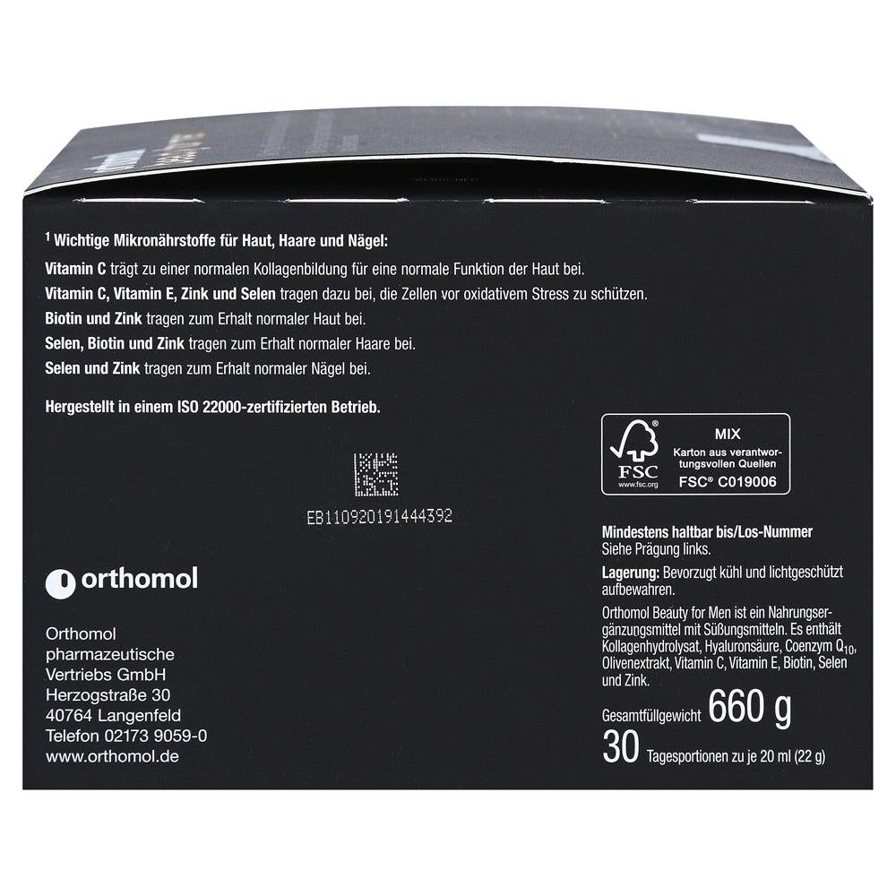 Orthomol Beauty for Men contains important micronutrients such as Biotin, Selenium, and Vitamin C for skin, hair, and nails. 