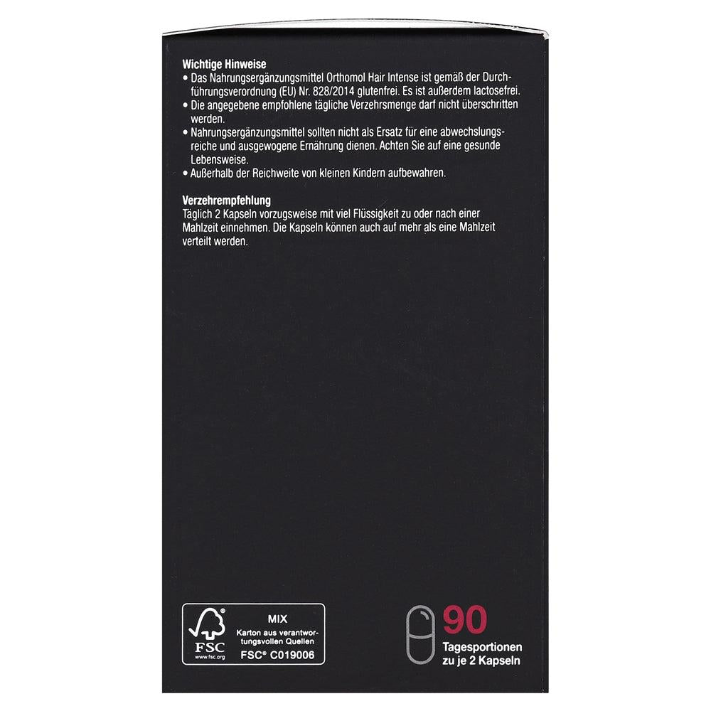 Consumption recommendation of Orthomol Hair Intense Capsules on the back of the package