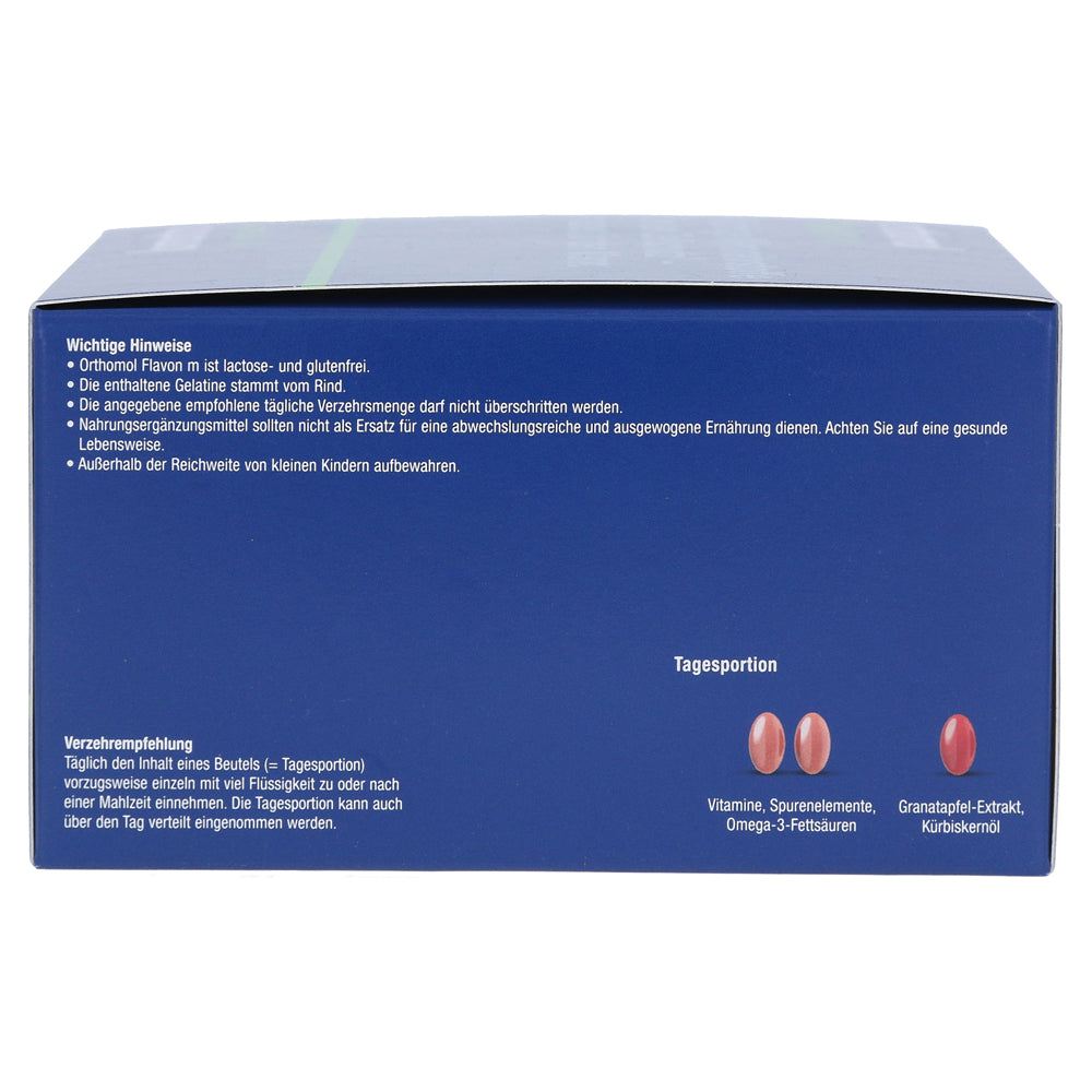 The other side of the package, stating that Orthomol Flavon M is lactose- and gluten-free and the contained gelatine is from beef